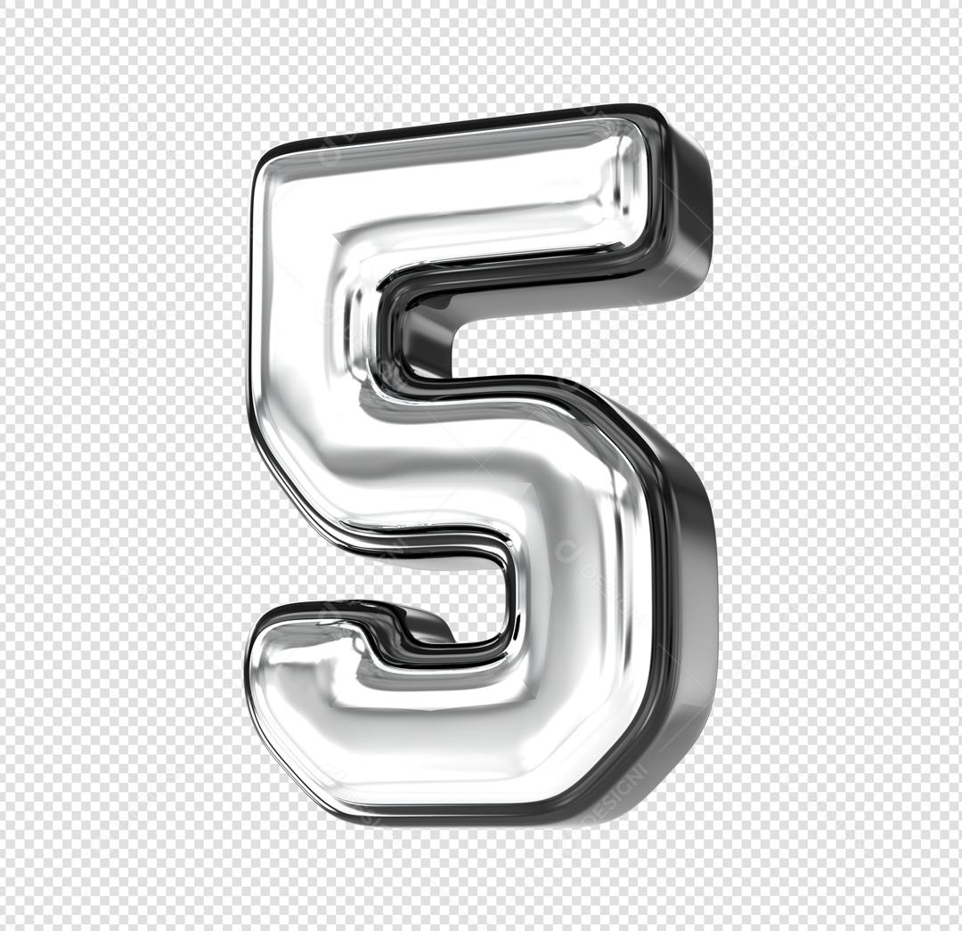Número 3D 5 Prata Elemento Para composição PSD