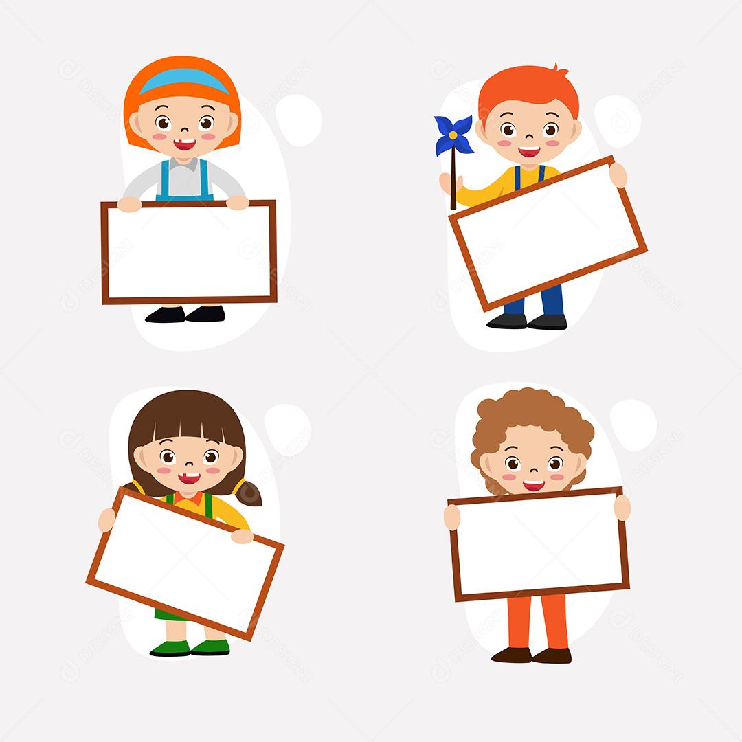 Conjunto de crianças segurando quadro em branco Vetor EPS