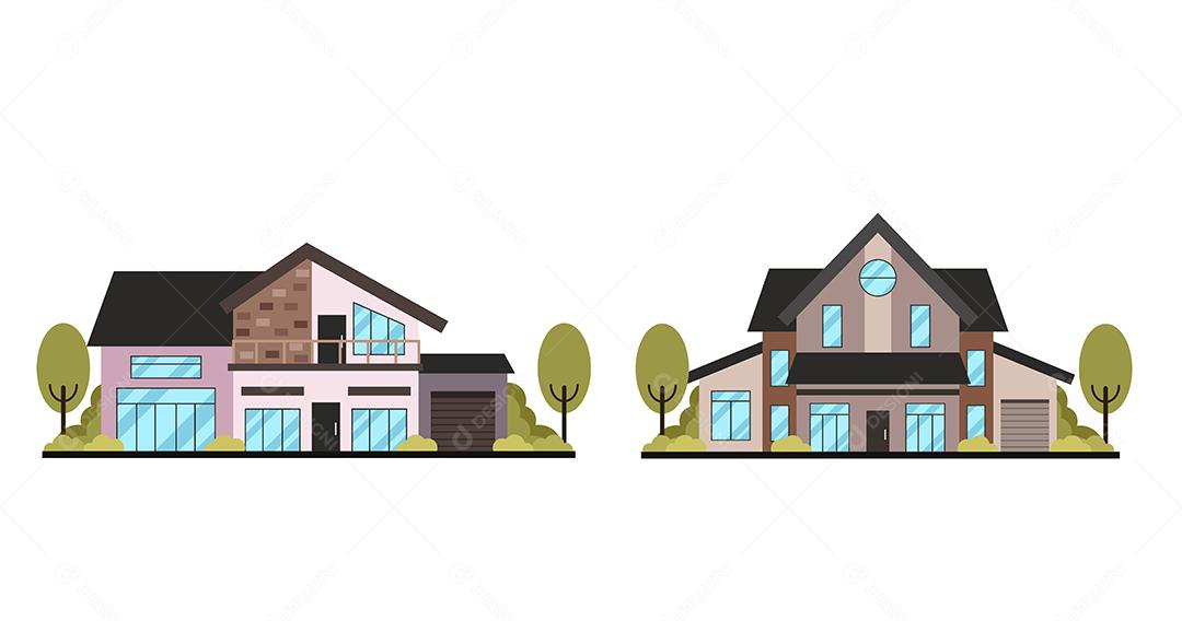 Conjunto de diferentes estilos de casas residenciais planas Vetor EPS