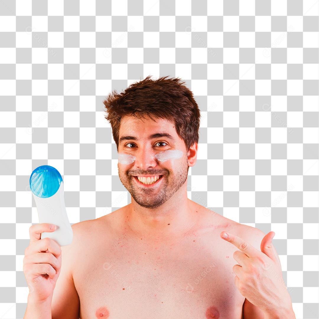 Homem bonito de férias vestindo trajes de banho segurando o frasco de protetor solar