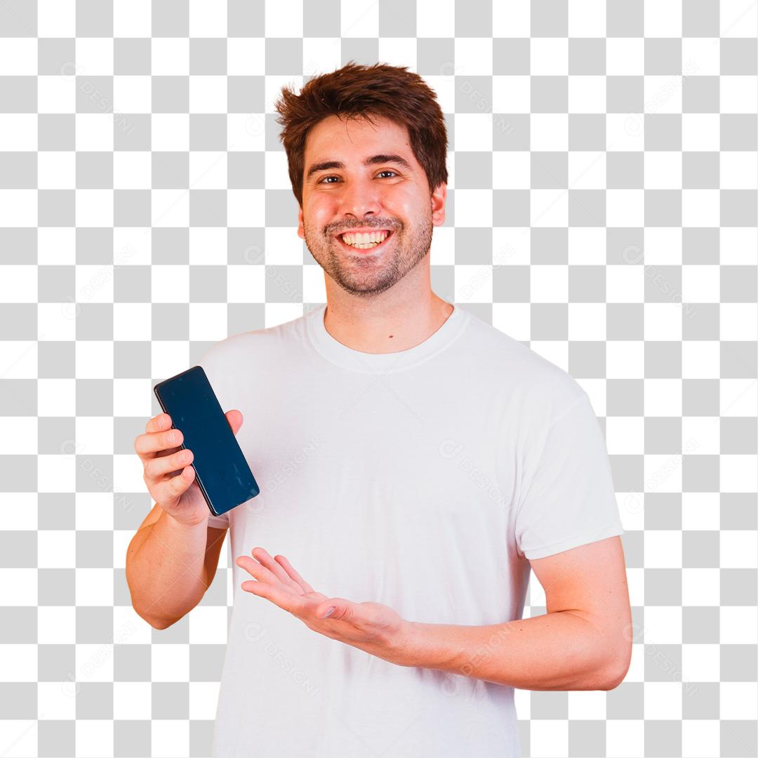 homem bonito com celular nas mãos apontando