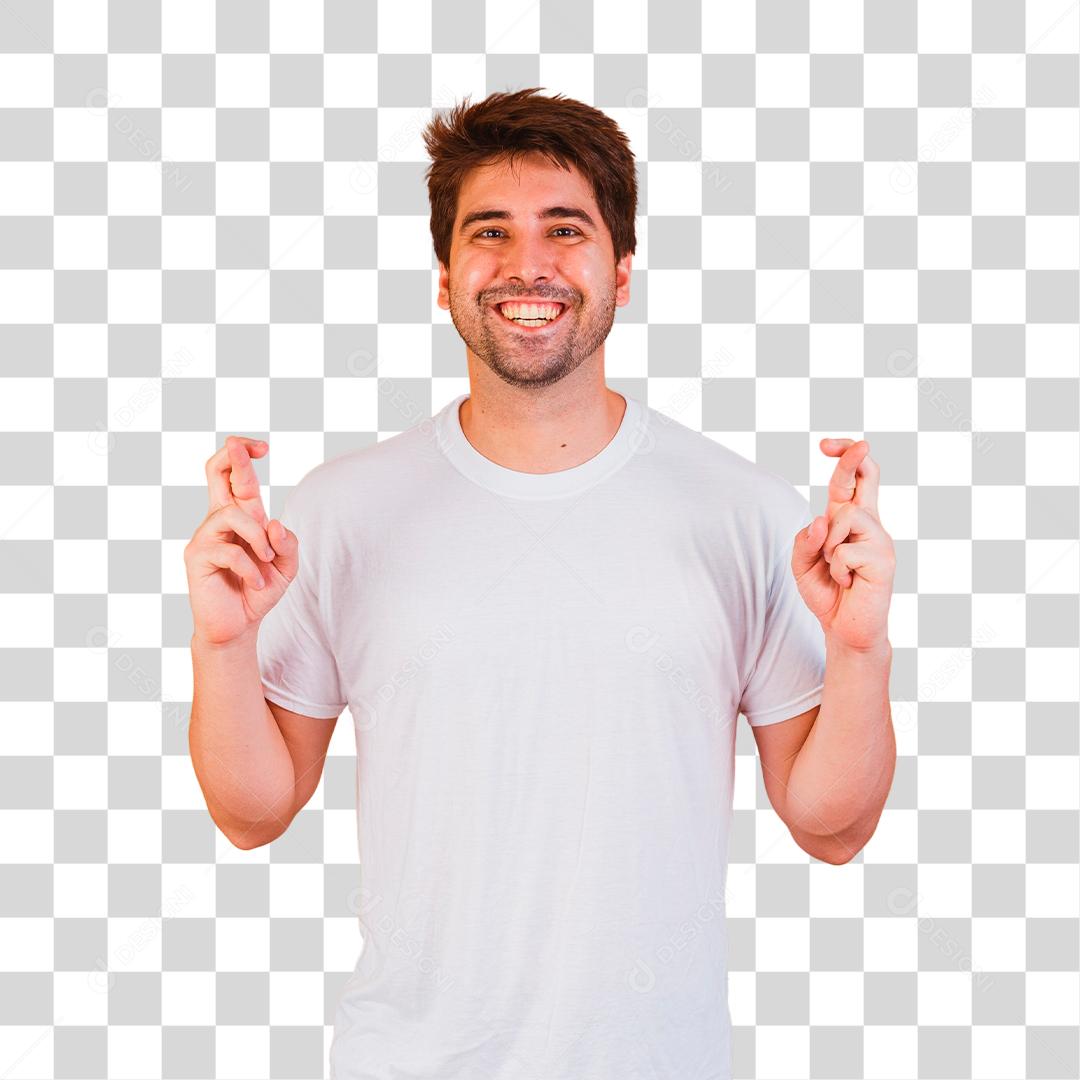 Um retrato de um jovem com dedos cruzados