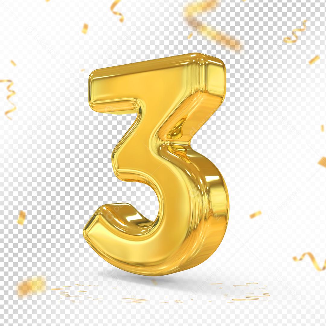 Número 3D 3 Dourado Para composição PSD
