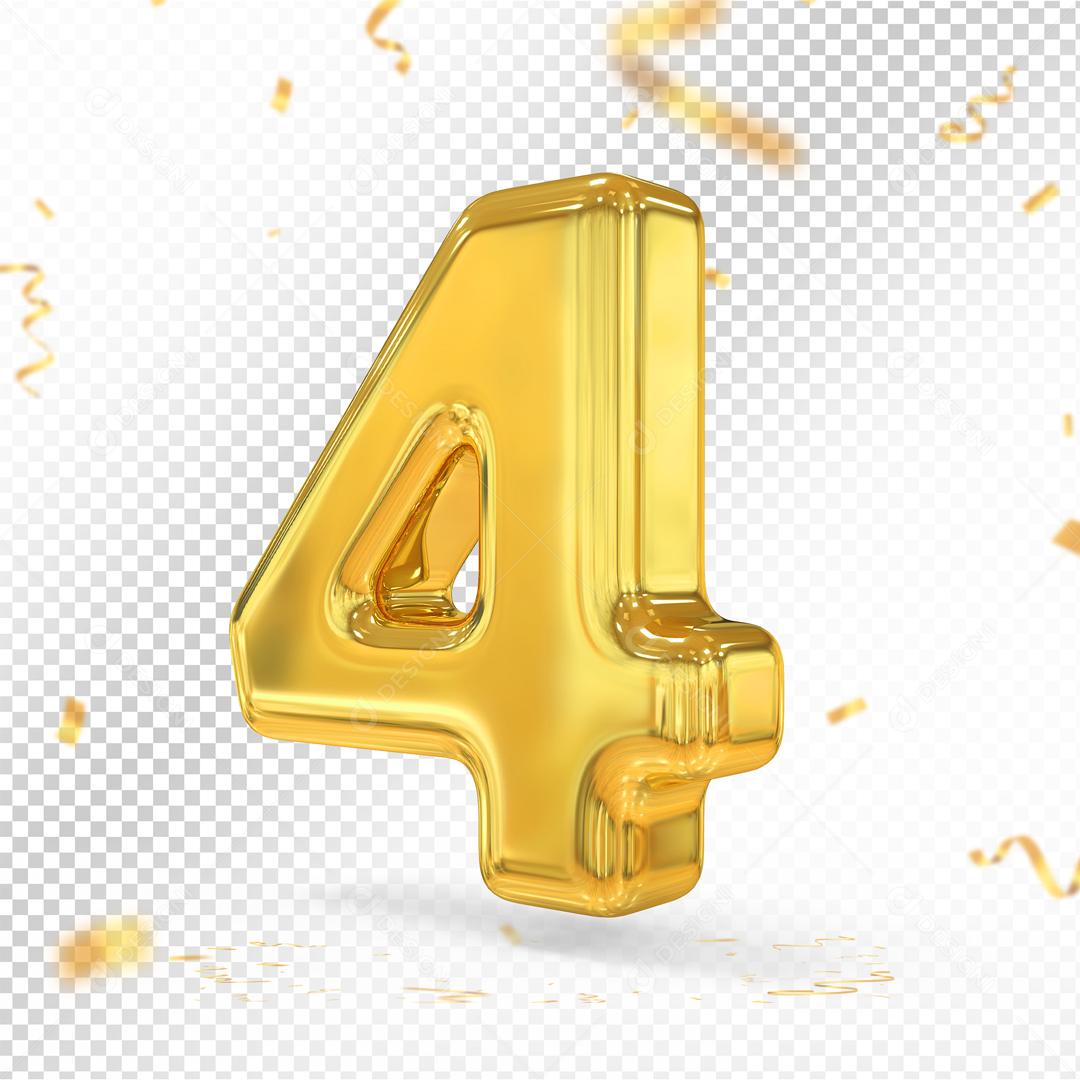 Número 4 Dourado 3D Para composição PSD