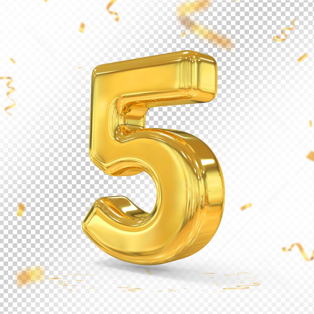 Número 5 Dourado 3D Para composição PSD