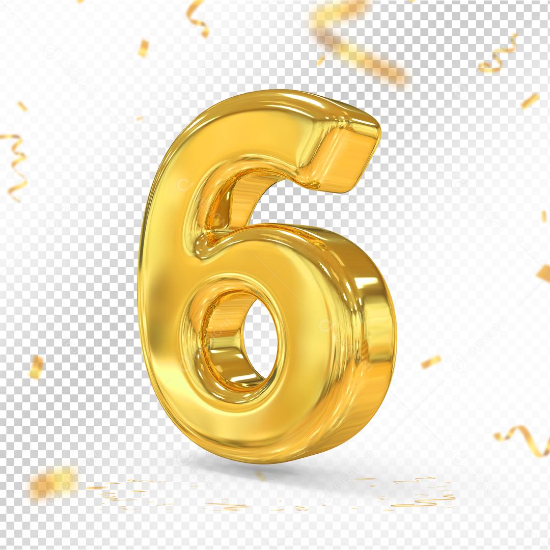 Número 6 Dourado 3D Para composição PSD