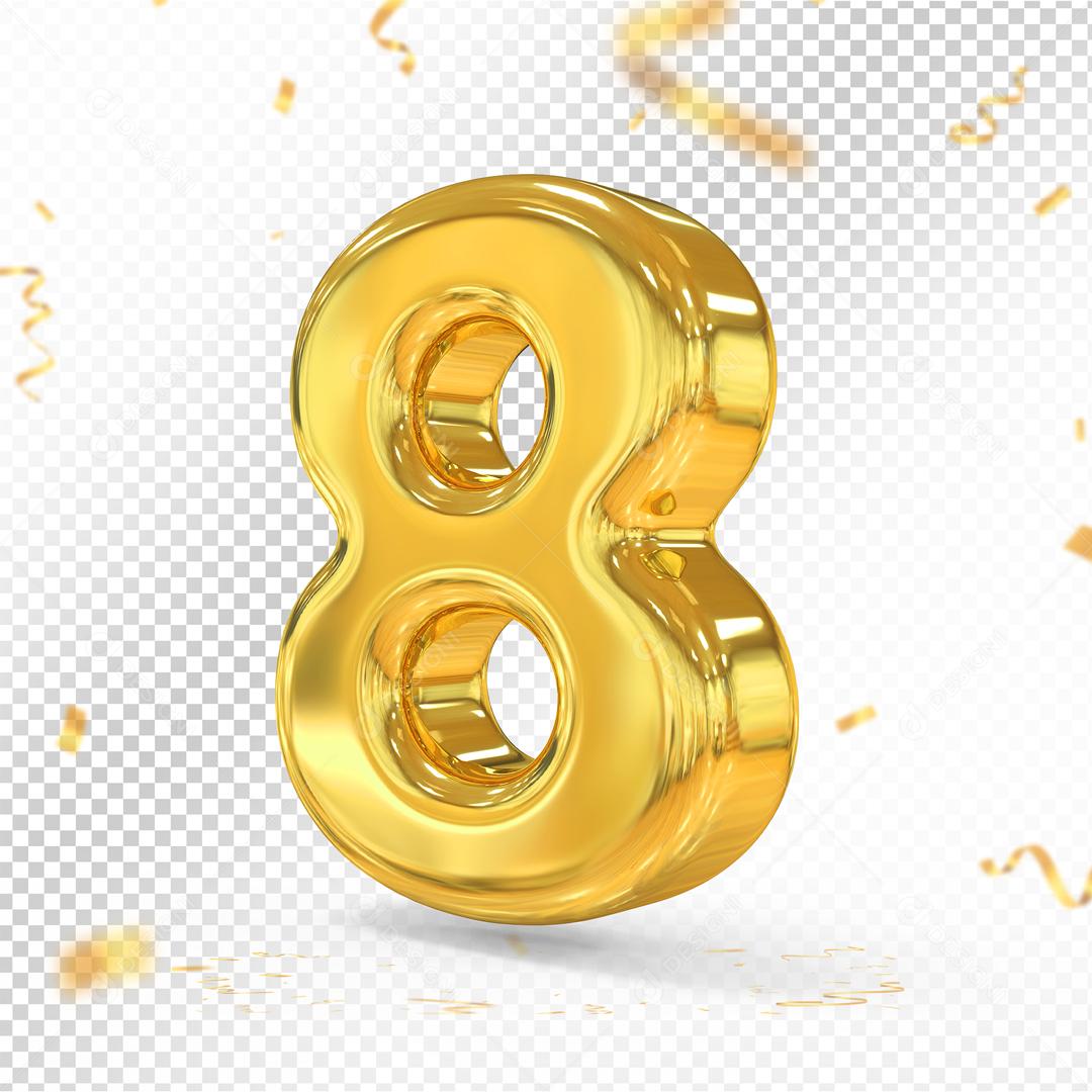 Número 8 Dourado 3D Para composição PSD