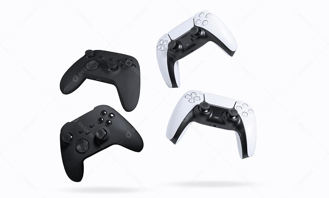 Controladores de jogo preto e branco no fundo branco