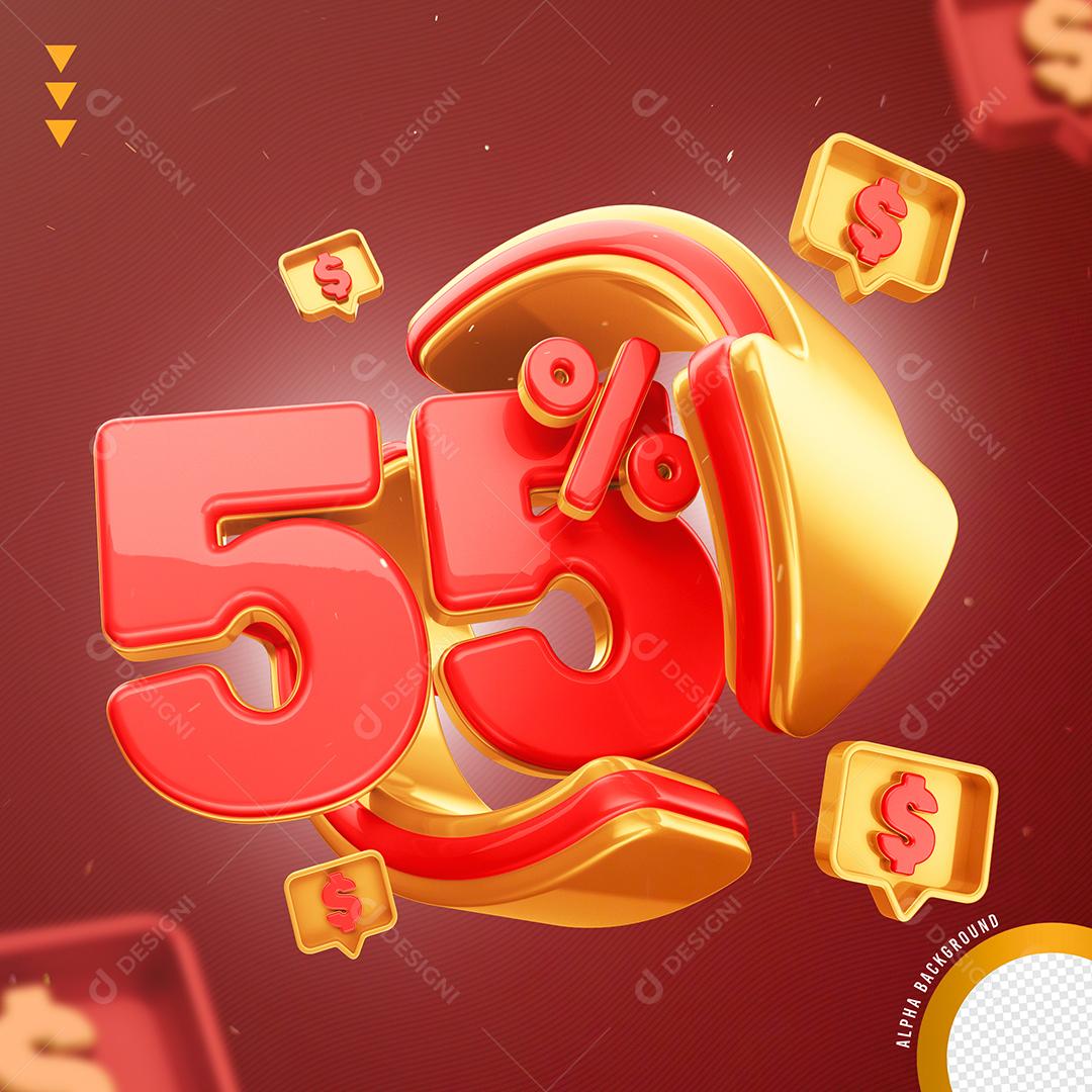 Elemento 3D 55% Por Cento Vermelho e Dourado para Composição PNG Transparente Sem Fundo