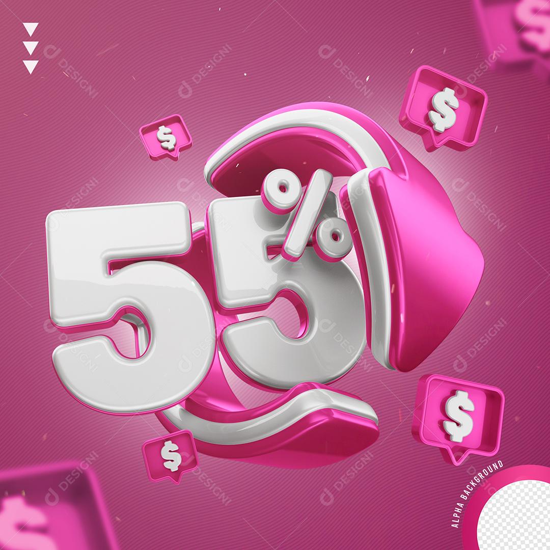 Elemento 3D 55% Por Cento Branco e Rosa para Composição PNG Transparente Sem Fundo
