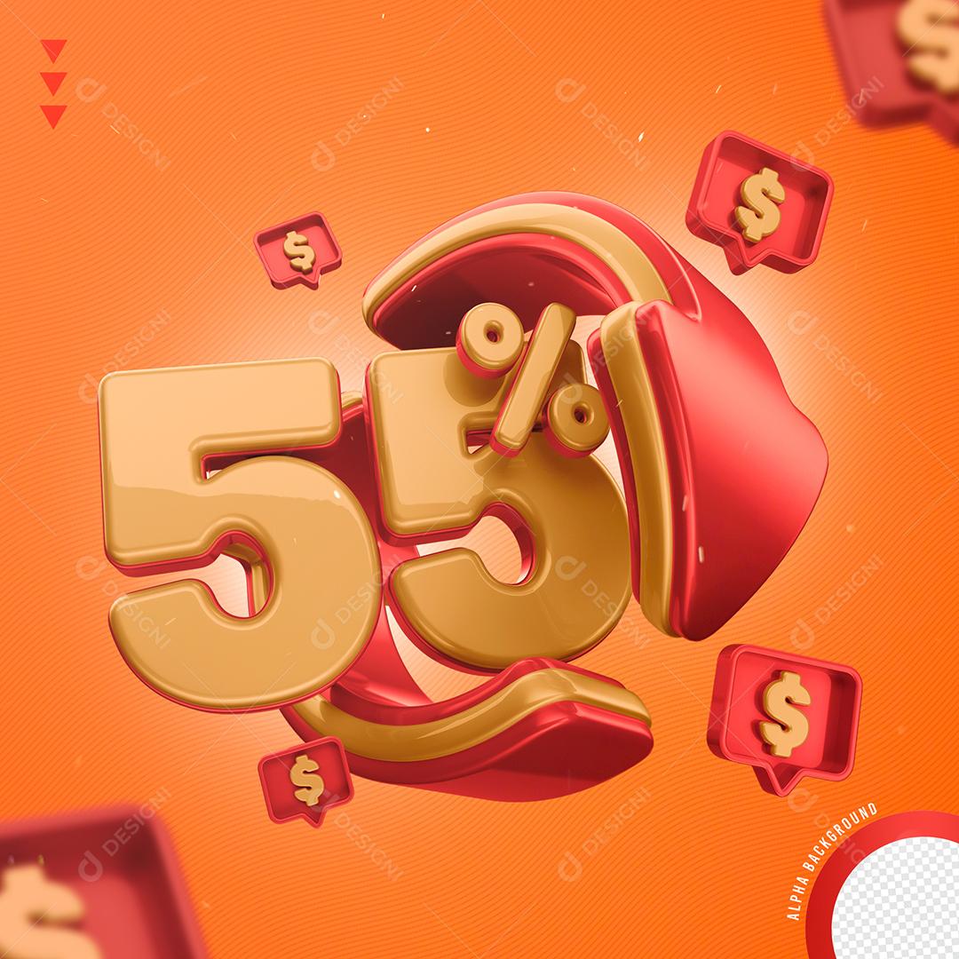 Elemento 3D 55% Por Cento Laranjdo e Vermelho para Composição PNG Transparente Sem Fundo