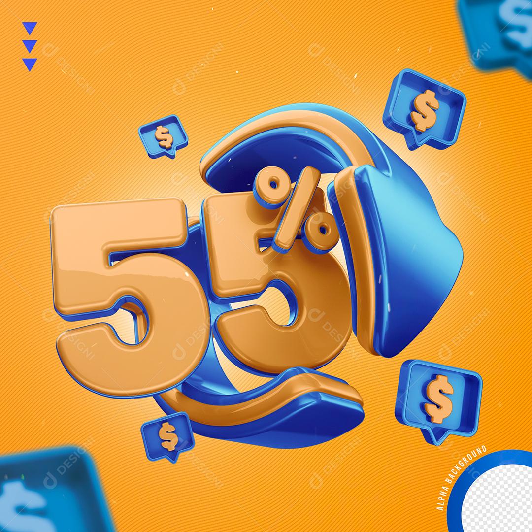 Elemento 3D 55% Por Cento Laranjado e Azul para Composição PNG Transparente Sem Fundo
