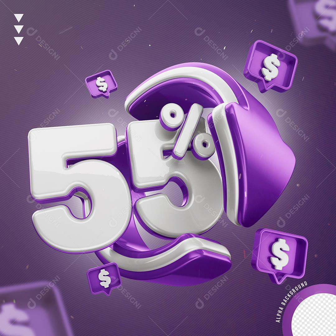 Elemento 3D 55% Por Cento Branco e Roxo para Composição PNG Transparente Sem Fundo