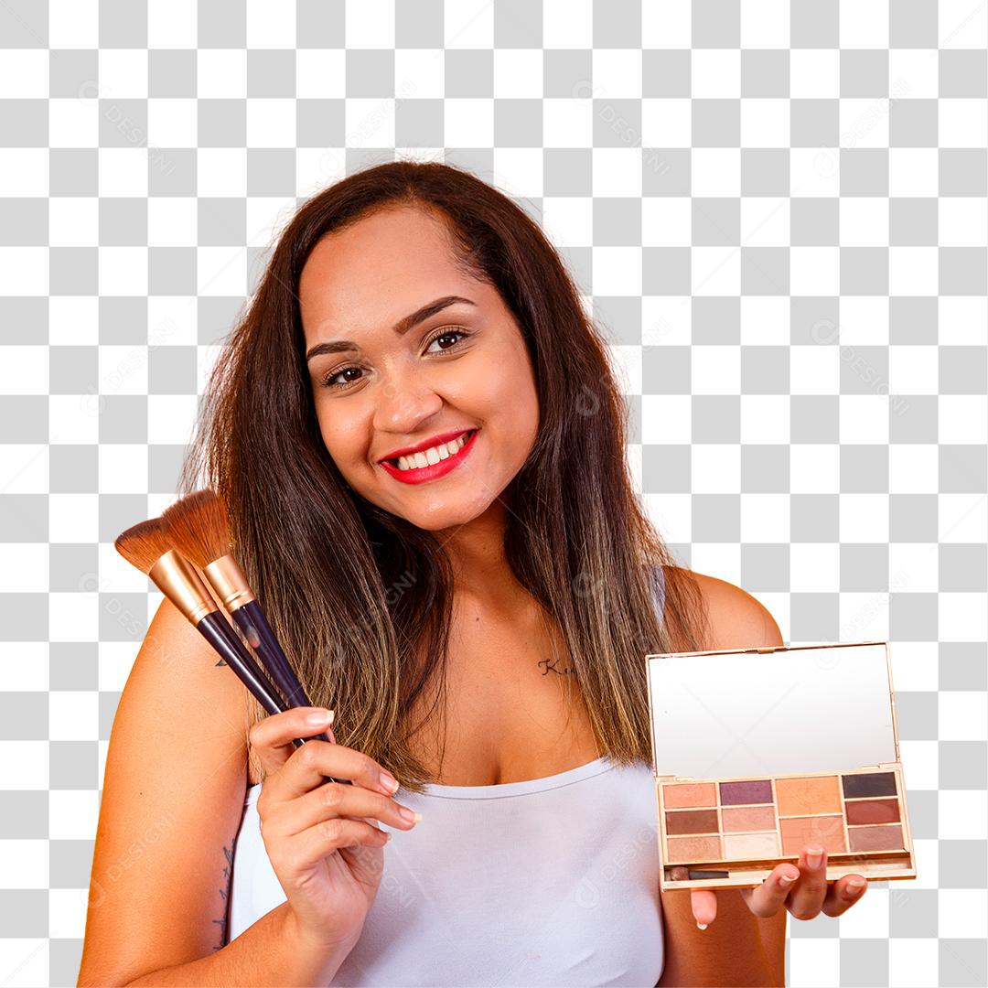 Bela Mulher Maquiadora profissional com Maquiagens e Pincéis na Mão