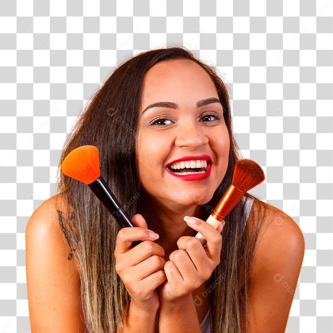 Bela Mulher Maquiadora profissional com Pincéis na Mão