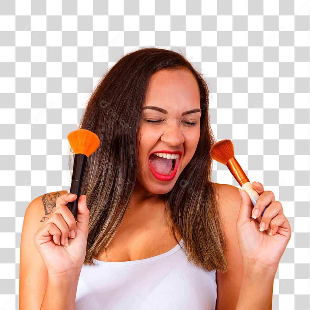 Bela Mulher Maquiadora profissional com Maquiagens na Mão