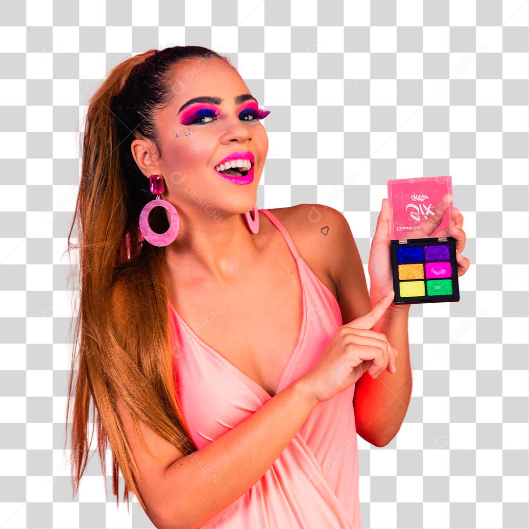 Mulher Bonita Segurando Paleta Maquiagem Várias Cores Carnaval