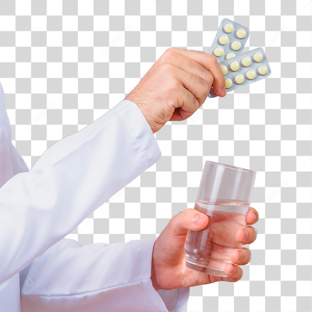 Mão Segurando Comprimidos De Remédios E Copo De Água