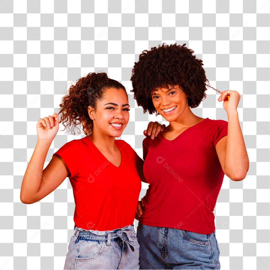 Jovens amigas afro bonitas e felizes sorrindo para a câmera.