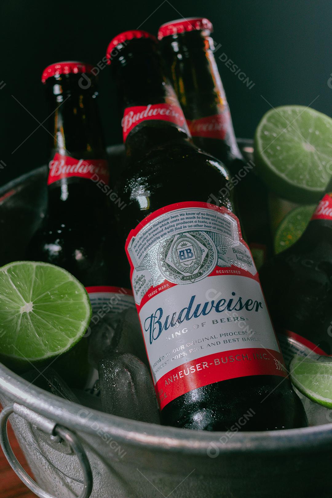 Balde de cerveja bebida shop sobre uma mesa de madeira Budweiser