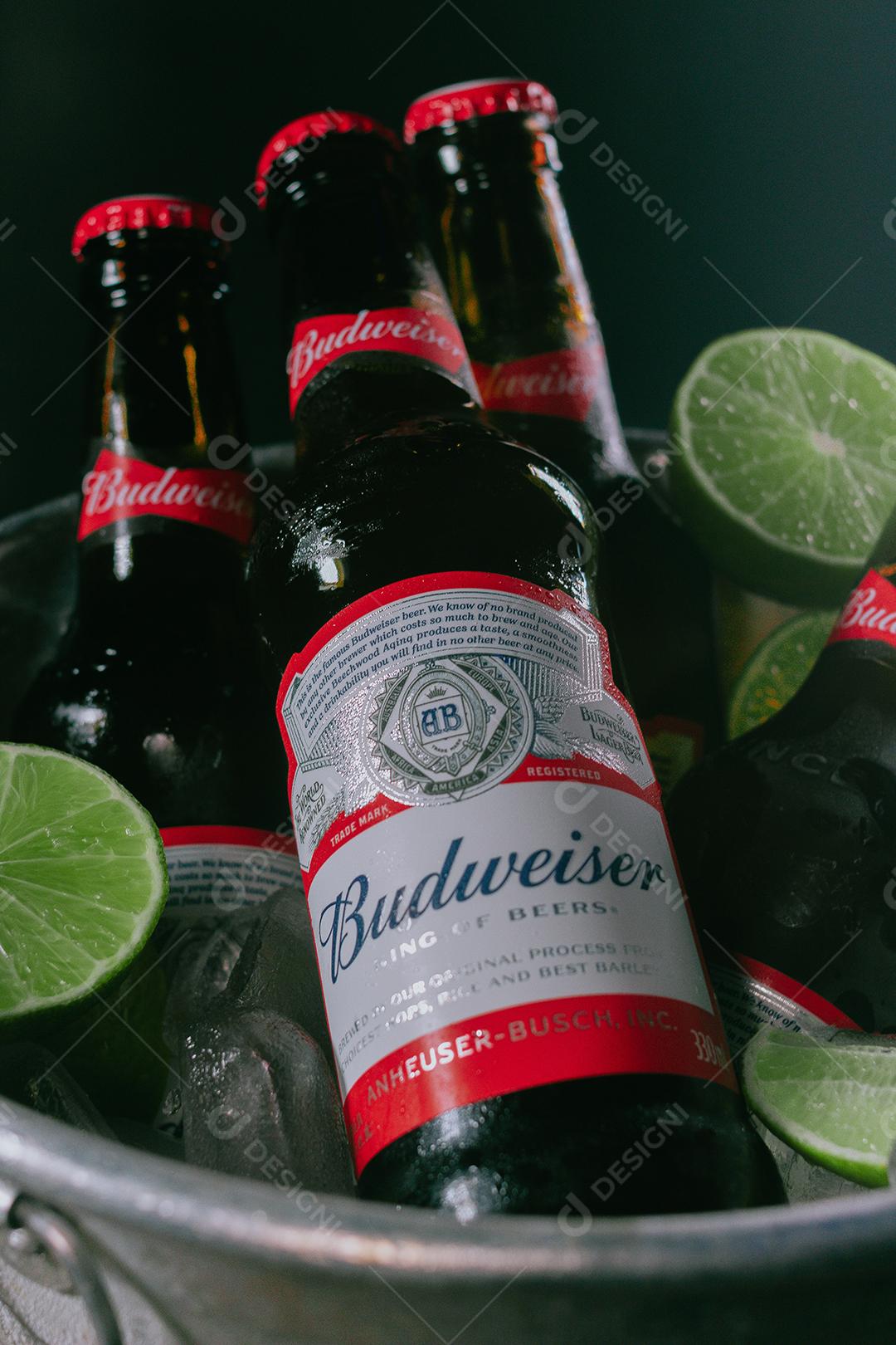 Balde de cerveja bebida shop sobre uma mesa de madeira Budweiser