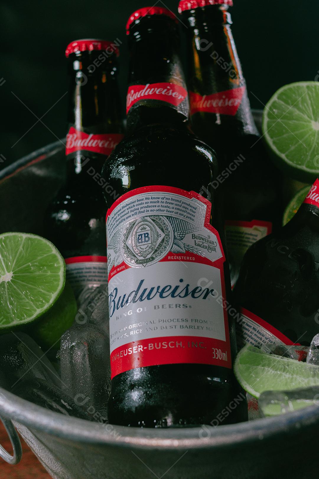 Balde de cerveja bebida shop sobre uma mesa de madeira Budweiser