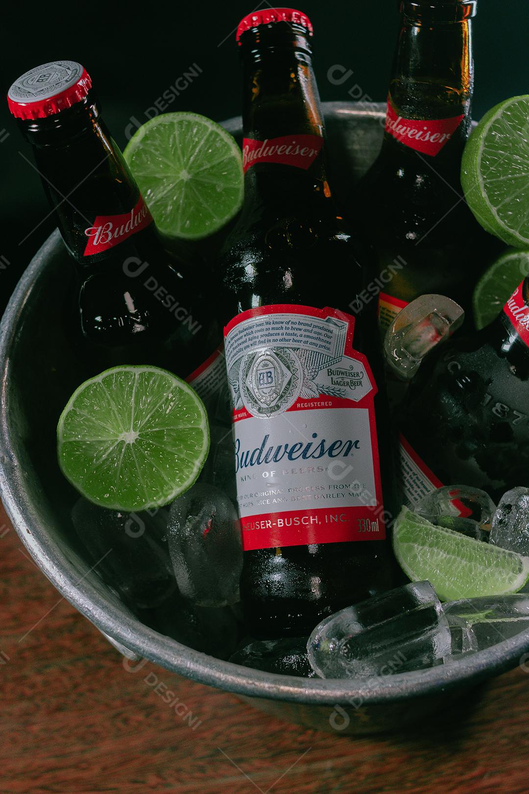 Balde de cerveja bebida shop sobre uma mesa de madeira