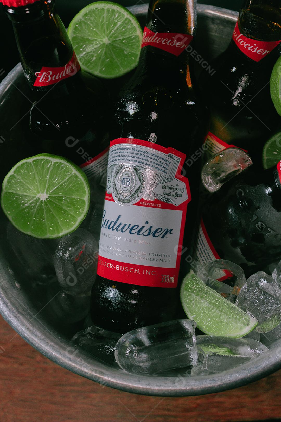 Balde de cerveja bebida shop sobre uma mesa de madeira