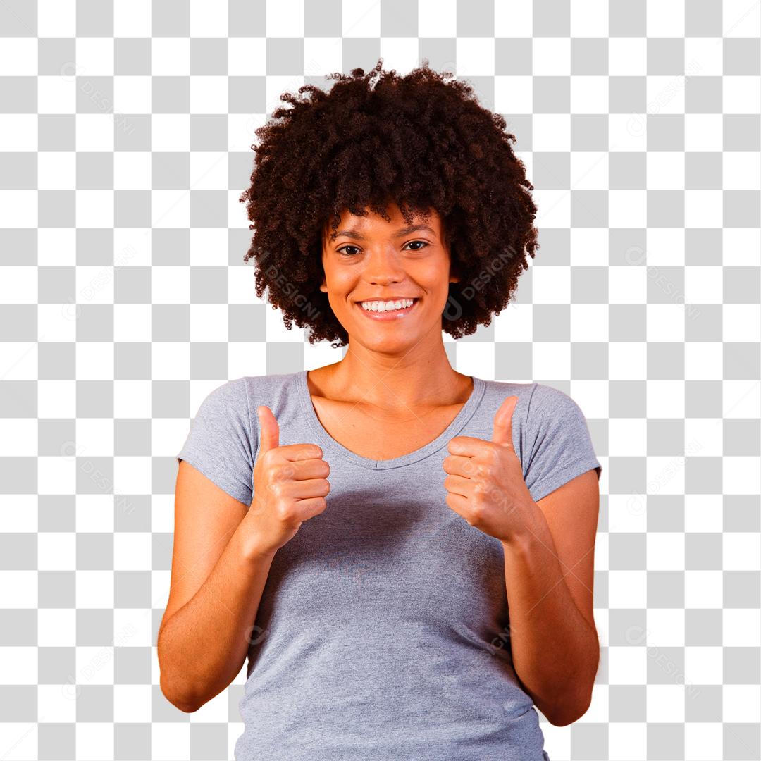 Bela jovem afro com polegares para cima