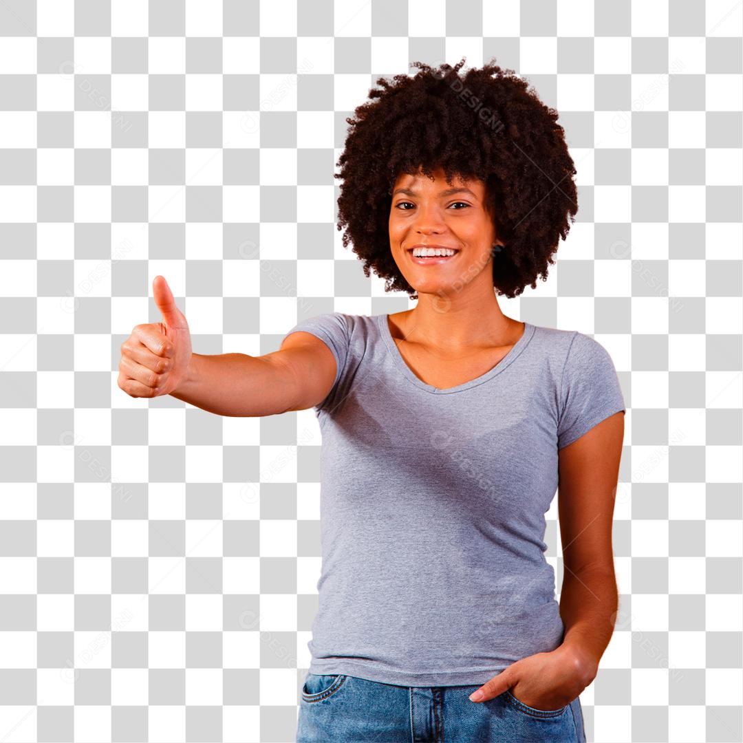 Bela jovem afro polegar para cima