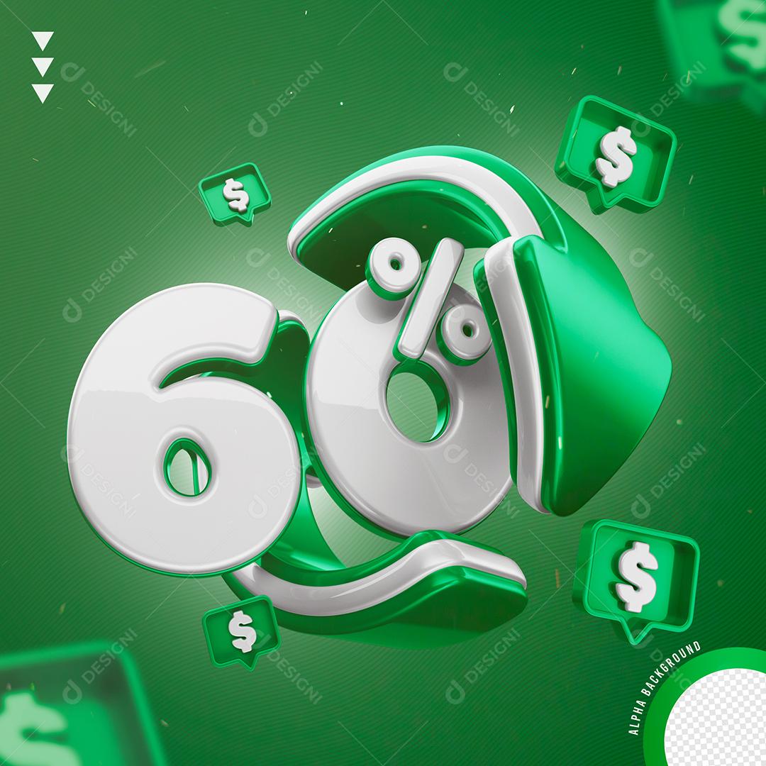 Elemento 3D 60% Por Cento Branco e Verde para Composição PNG Transparente Sem Fundo