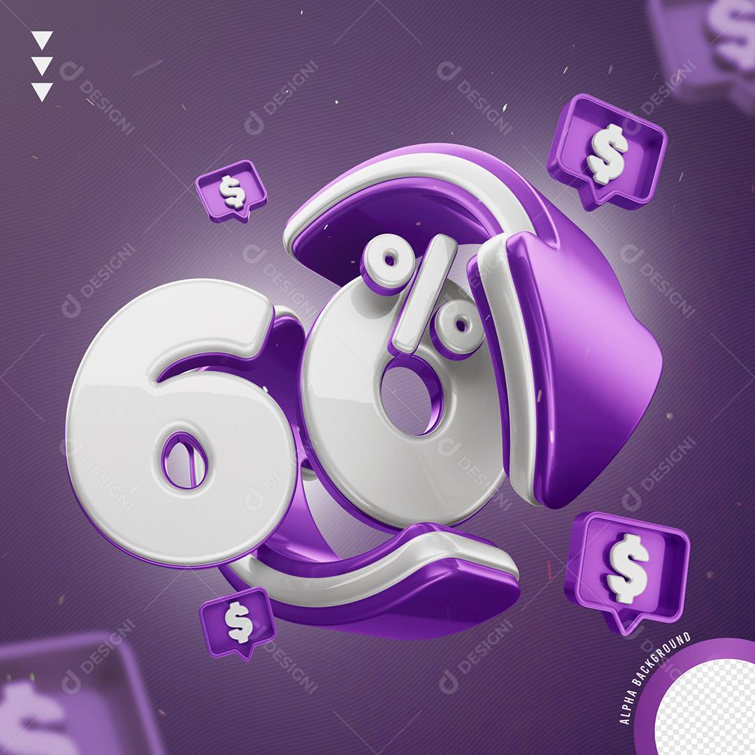 Elemento 3D 60% Por Cento Branco e Roxo para Composição PNG Transparente Sem Fundo