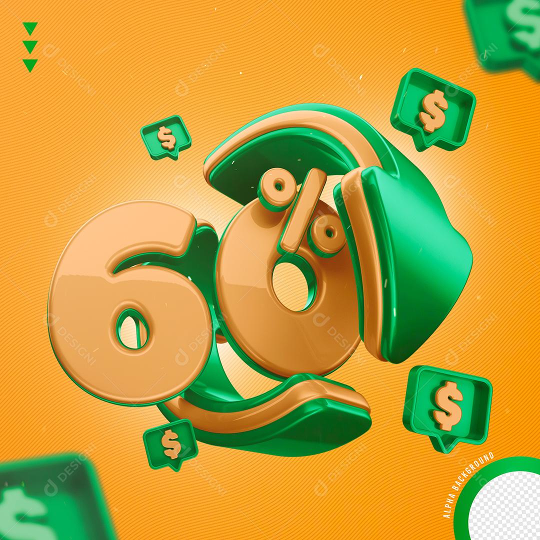 Elemento 3D 60% Por Cento Laranjado e Verde para Composição PNG Transparente Sem Fundo