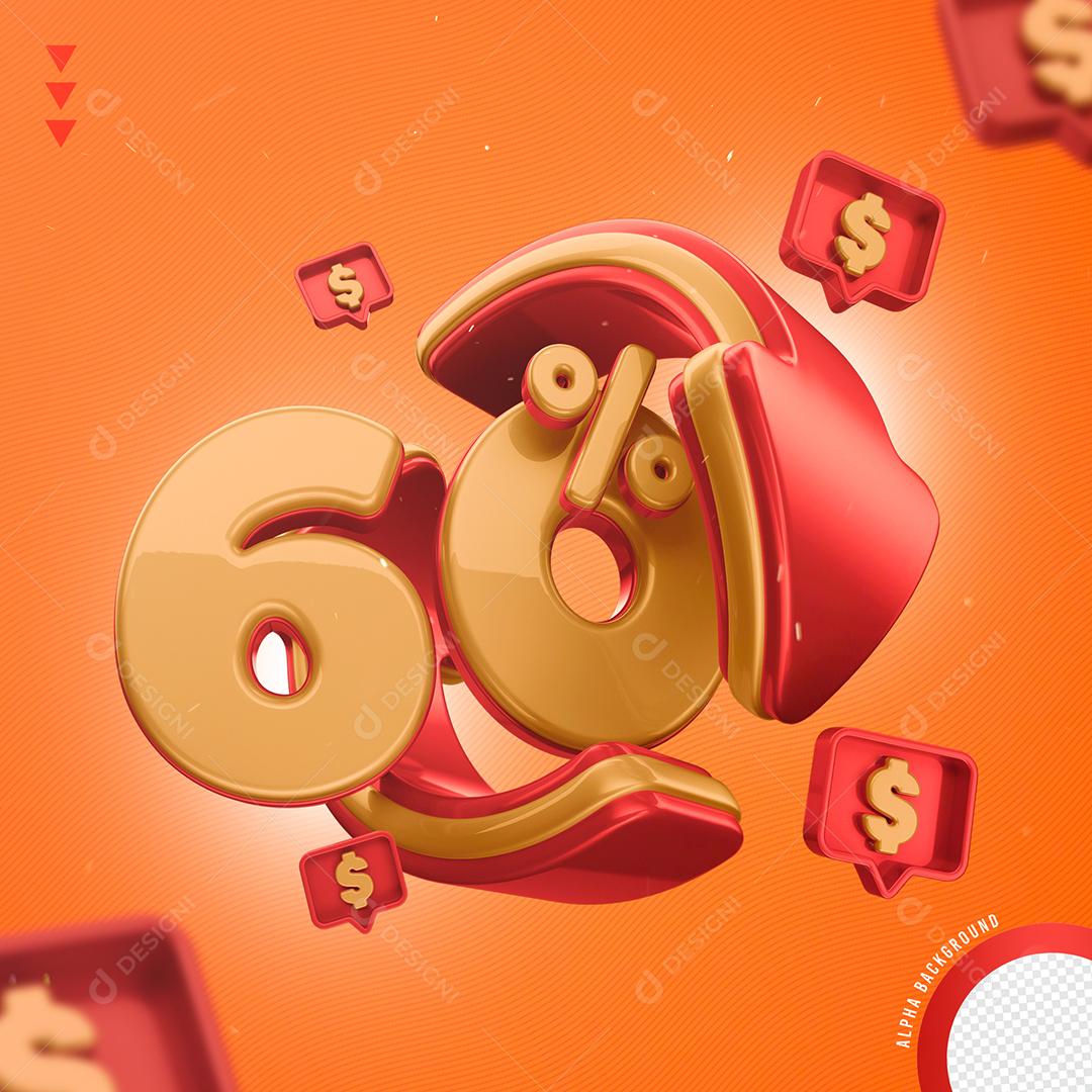 Elemento 3D 60% Por Cento Laranjado e Vermelho para Composição PNG Transparente Sem Fundo