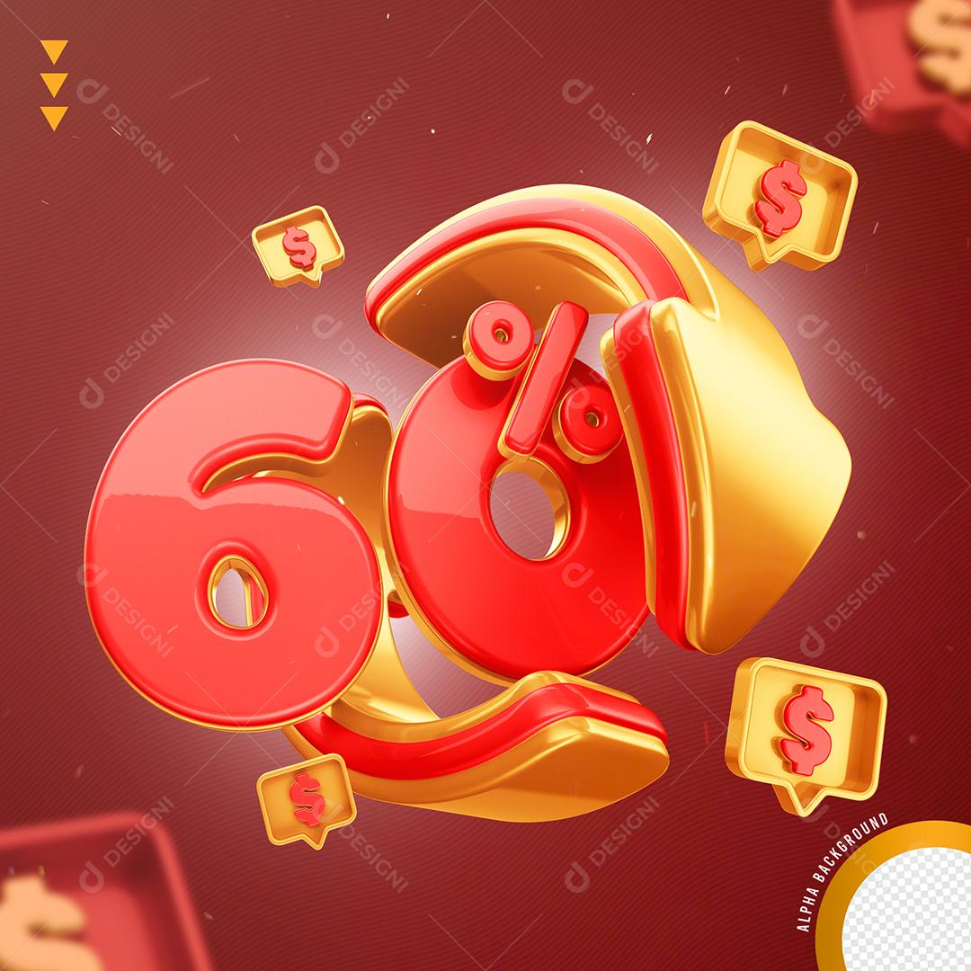 Elemento 3D 60% Por Cento Vermelho e Dourado para Composição PNG Transparente Sem Fundo