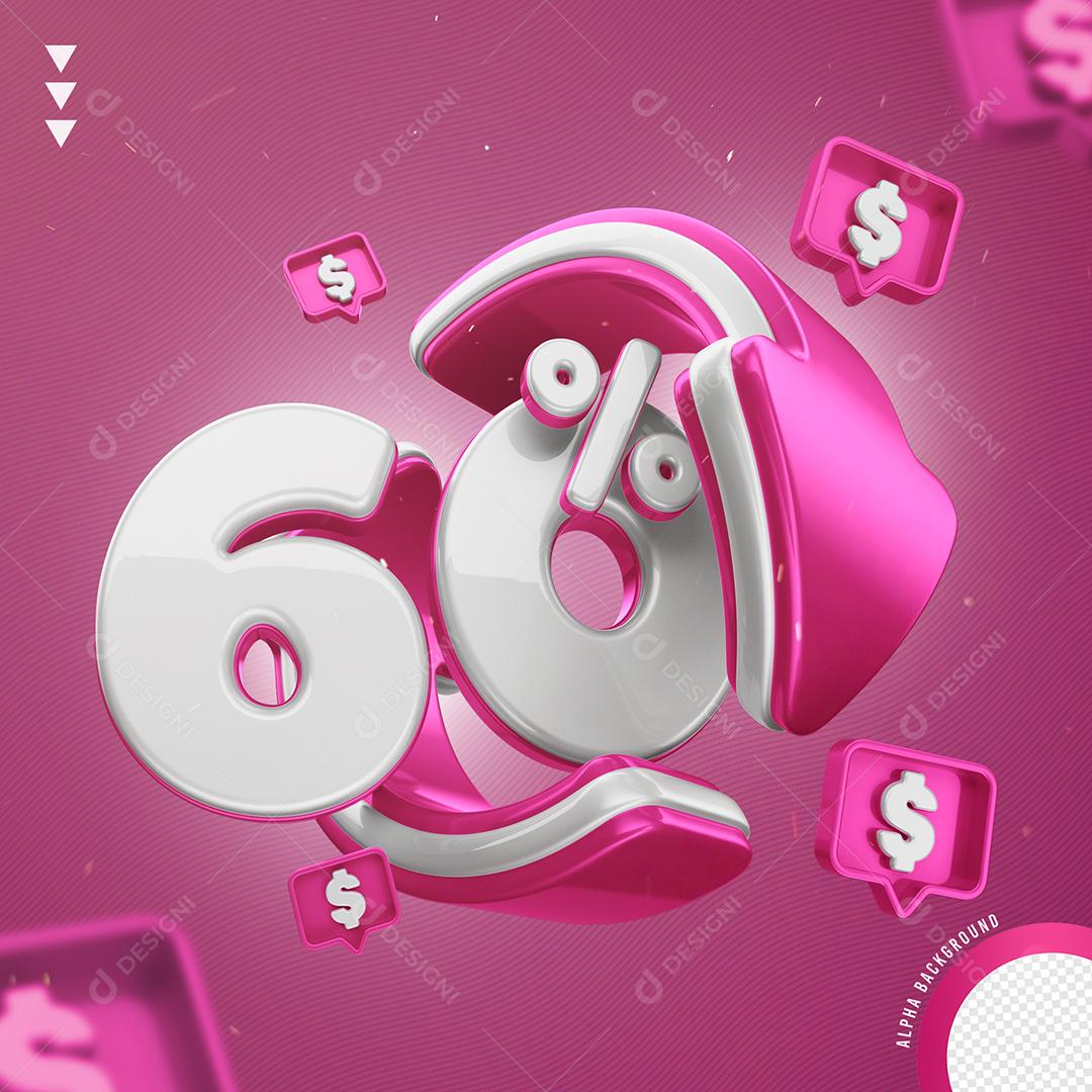 Elemento 3D 60% Por Cento Branco e Rosa para Composição PNG Transparente Sem Fundo