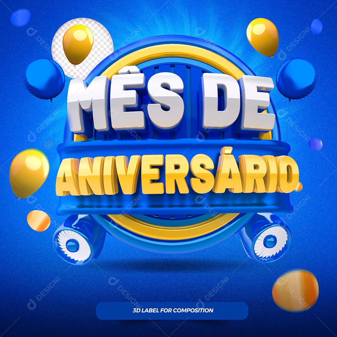 Mês de Aniversário Selo 3D Azul e Dourado para Composição PSD