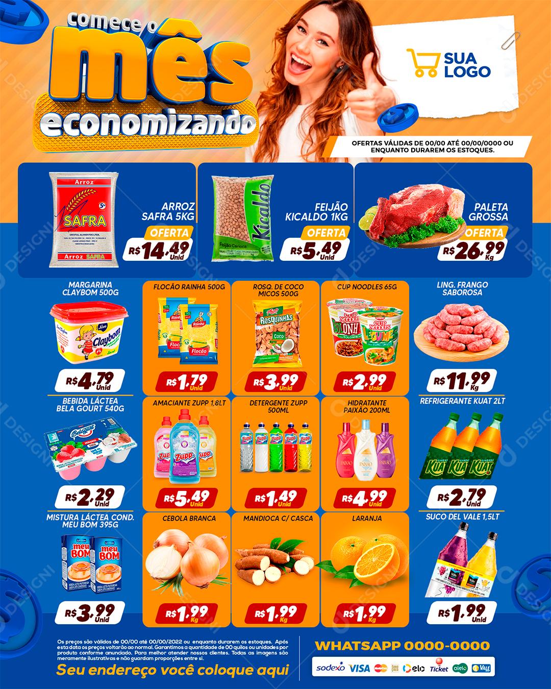 Encarte Supermercados Comece o Mês Economizando Produtos PSD Editável