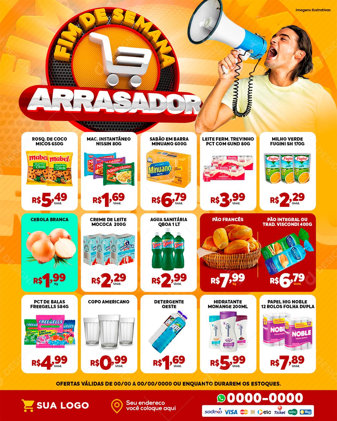 Encarte Fim de Semana Arrasador Produtos Supermercados PSD Editável