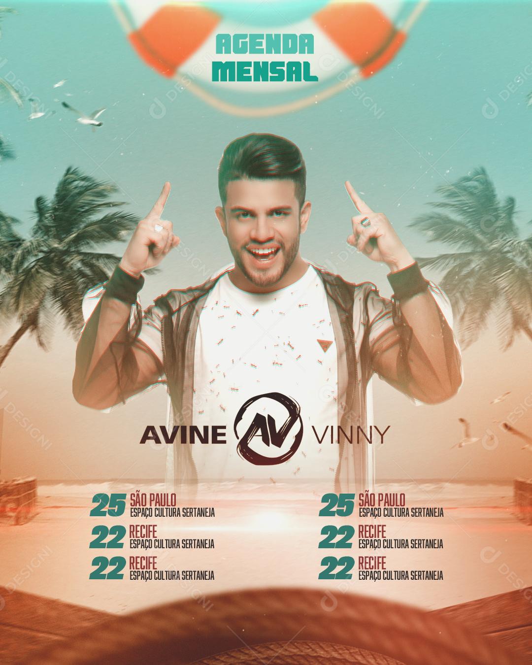 Post Flyer Agenda Mensal Avine Vinny Praia Social Media PSD Editável