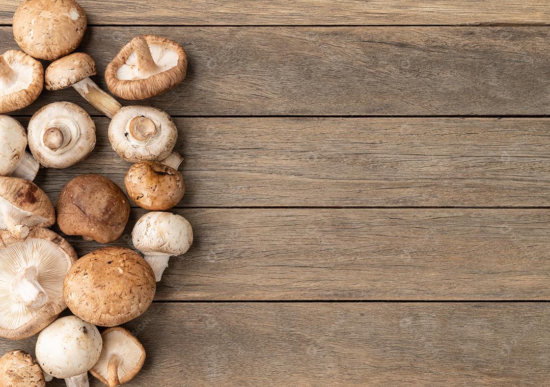 Cogumelos shitake, portobello e paris sobre mesa de madeira