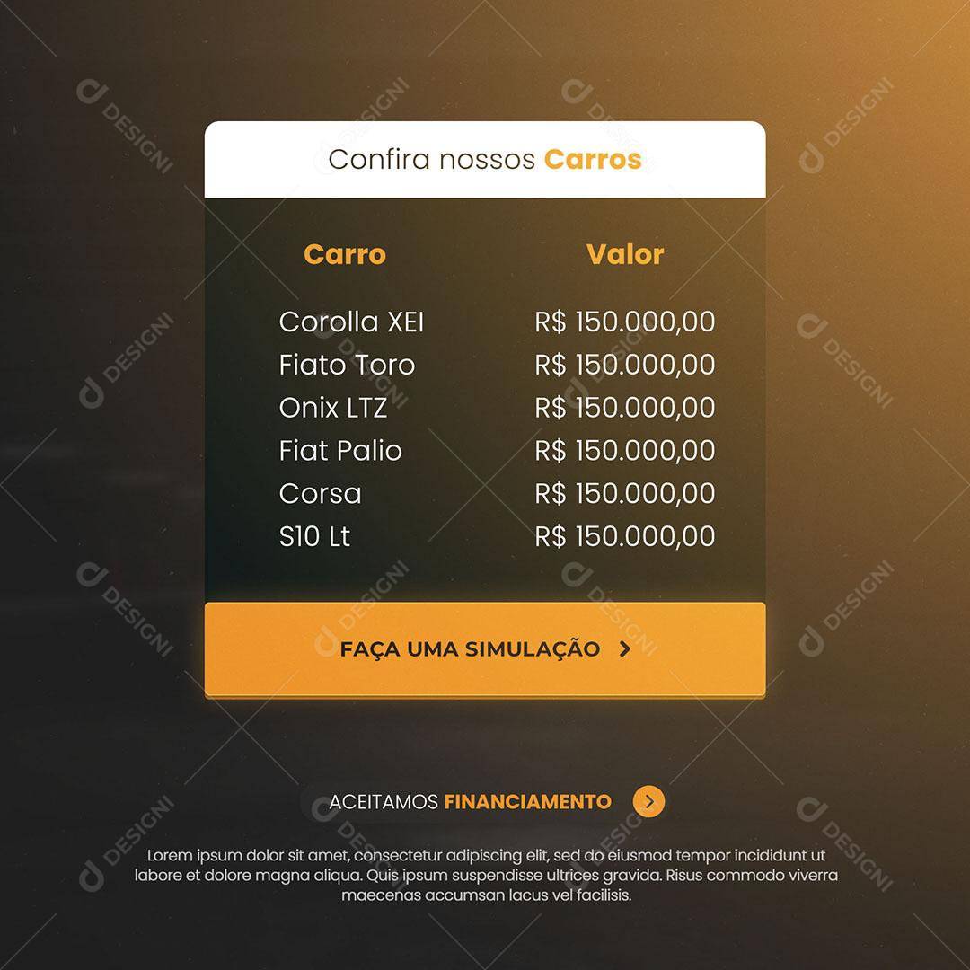 Concessionária Veículos Seminovos Confira Nosso Carros Social Media PSD Editável