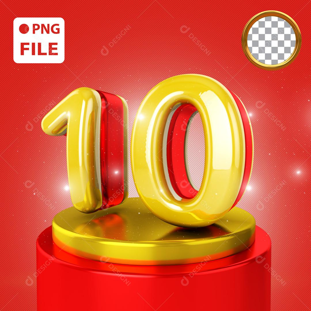 Número 3D 10 Dourado Elemento para Composição PSD