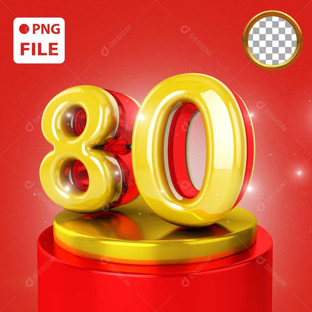 Número 3D 80 Dourado Elemento para Composição PSD