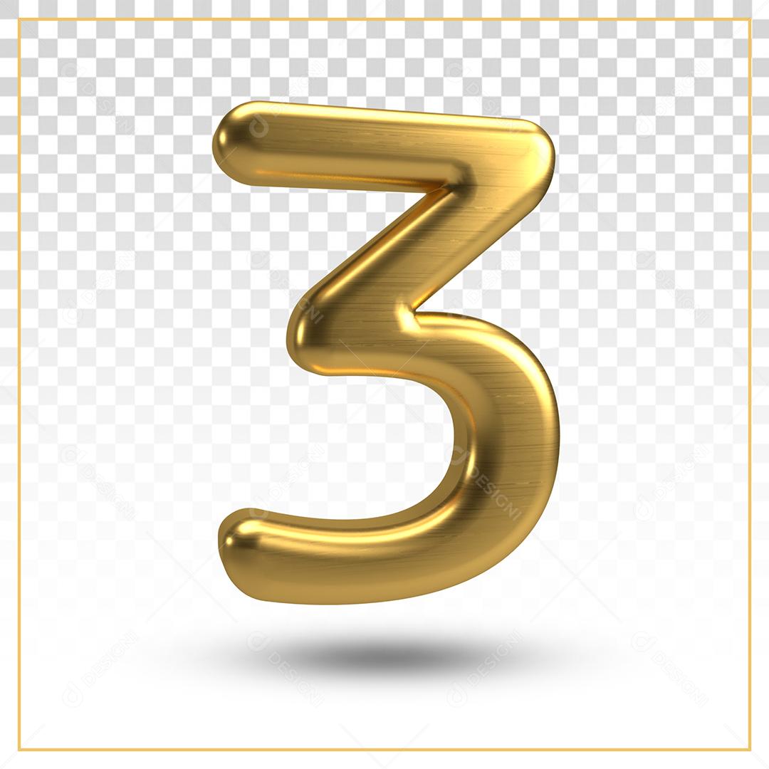 Número 3D 3 Dourado Para composição PSD