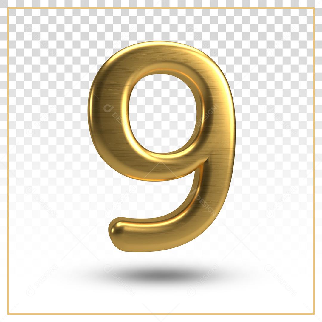 Número 9 Dourado 3D Para composição PSD