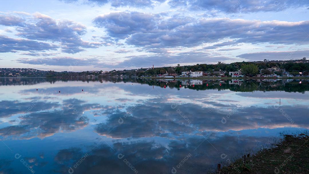 Lagoa Santa, Belo Horizonte, Brazil. Beautiful lagoon in a tourist town in Minas Gerais. Aerial photo with clouds reflecting in calm pond.