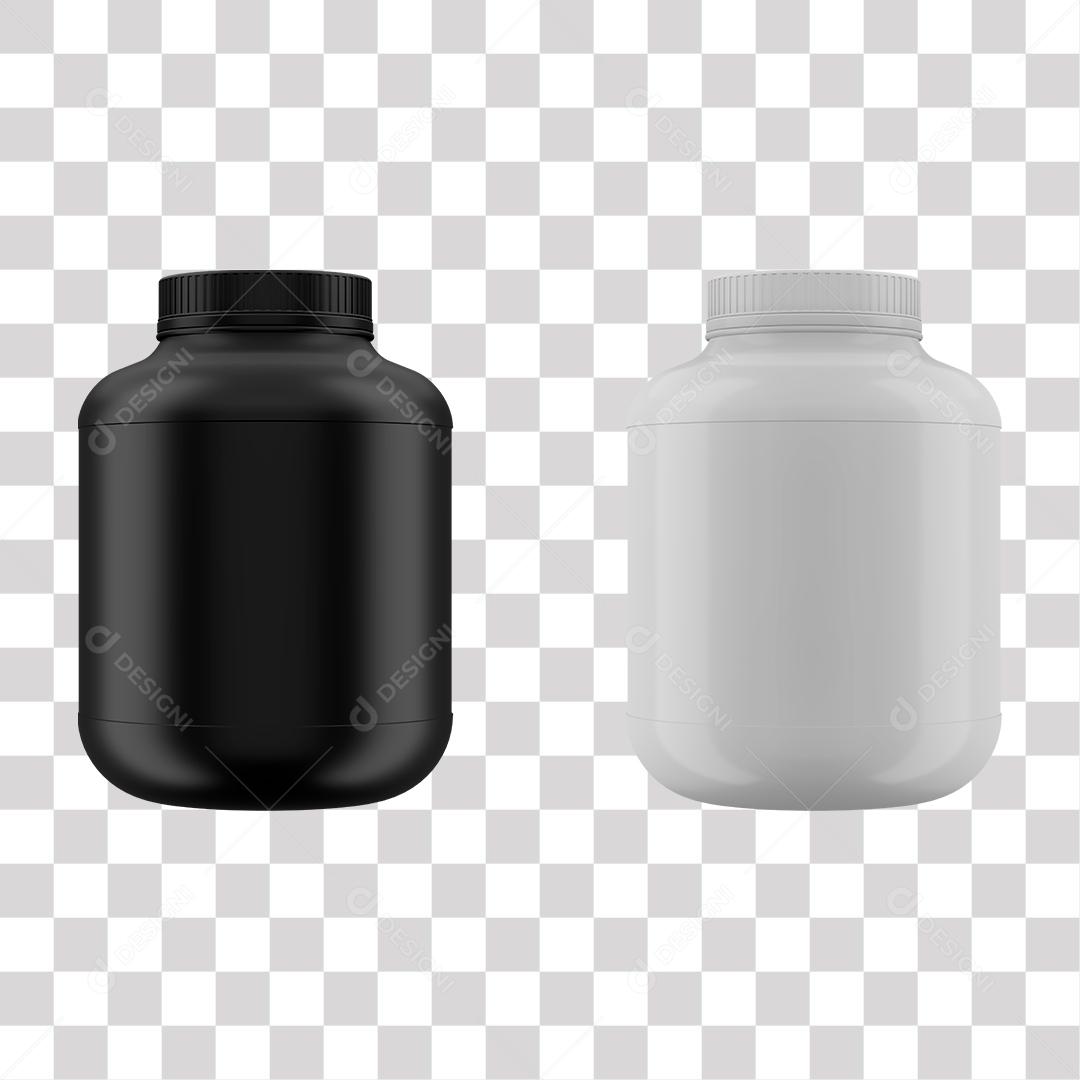 Garrafa Preta e Branca realista de proteína Whey para Composição PNG Transparente Sem Fundo