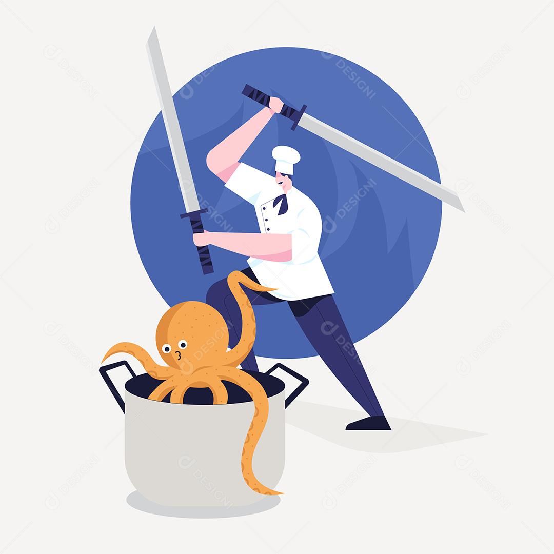 O chef prepara a comida para os clientes Vetor EPS