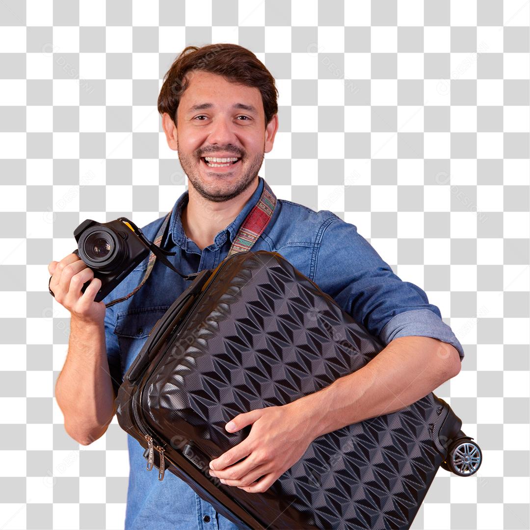 Homem com roupa social segurando mala preta e câmera